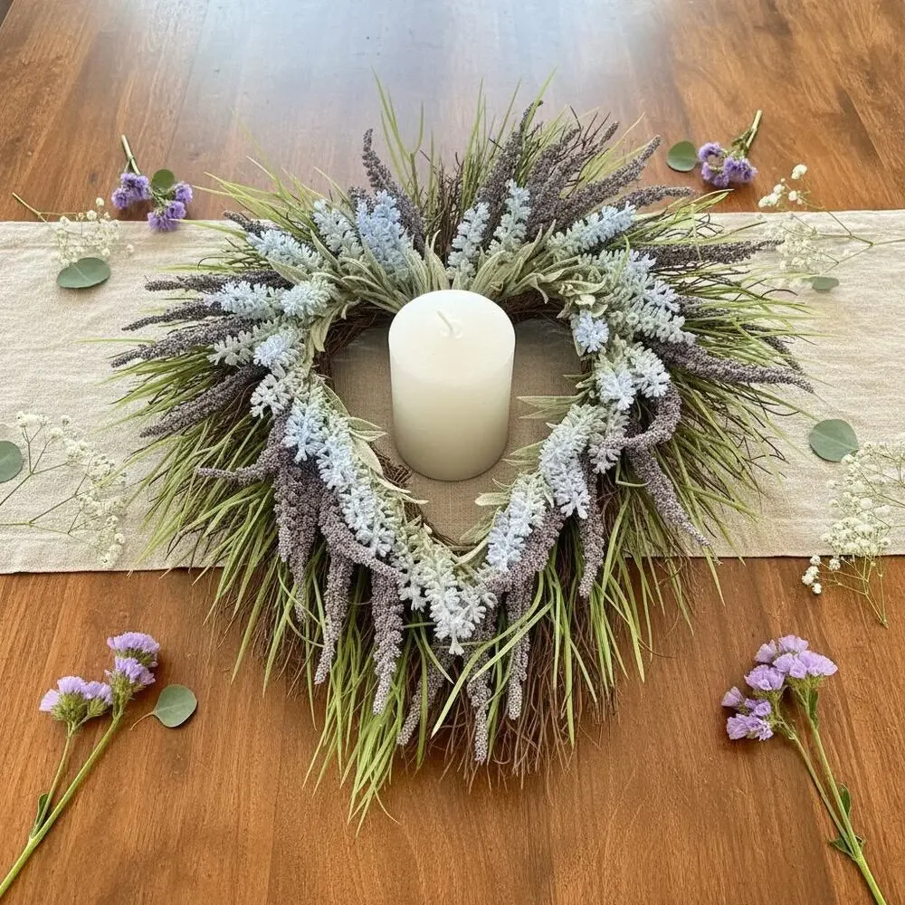 Heart Shaped Lavender Wreath-Faux Floral-Farmhouse-Cottage Door-Wedding-Purple